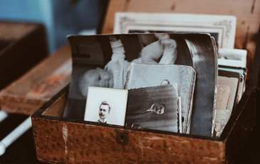 dementia memory box with black and white photos in